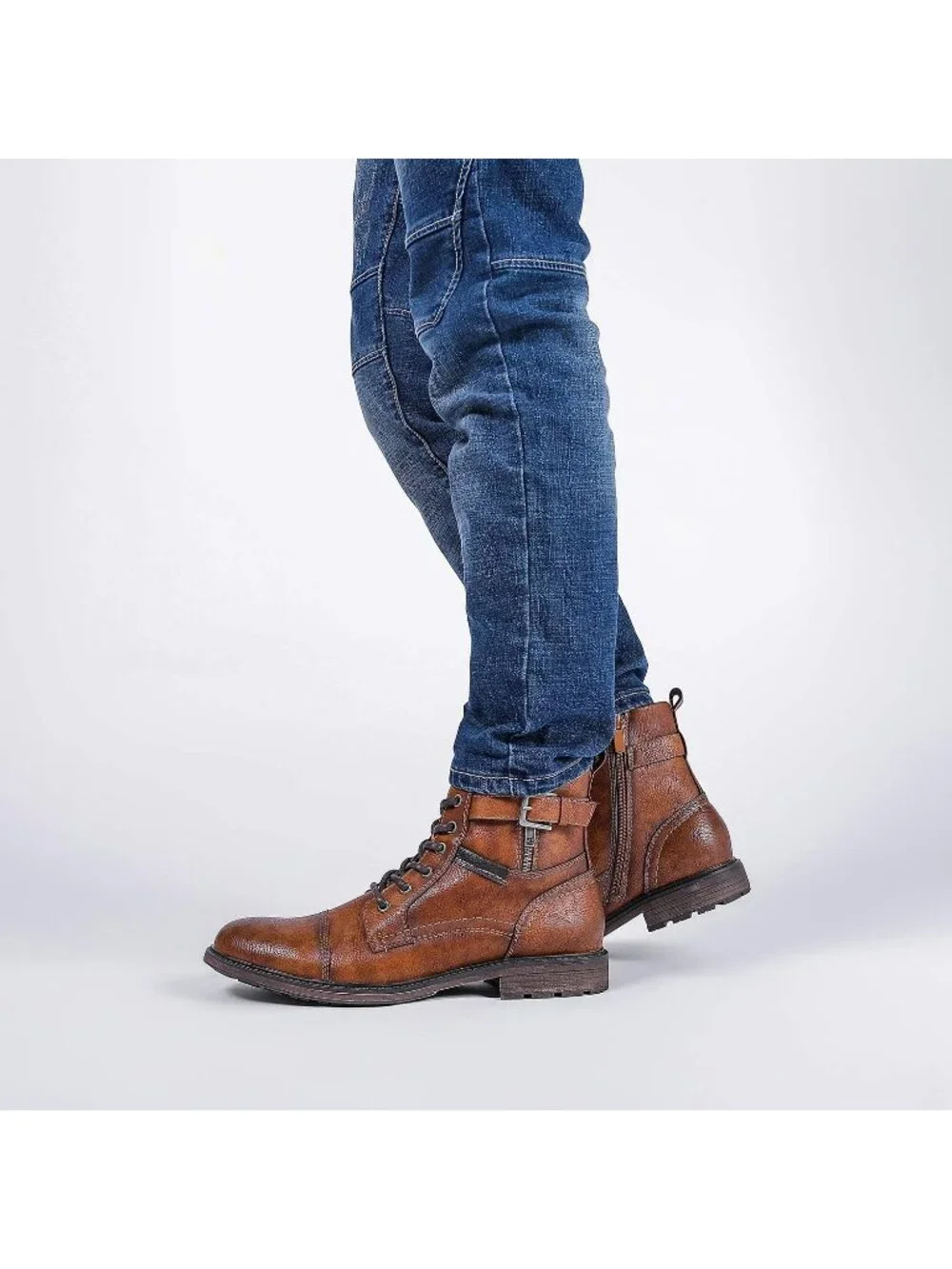 Men's Brown Oxford Boots Buckle Casual Men Boots Lace-Up Side Zipper